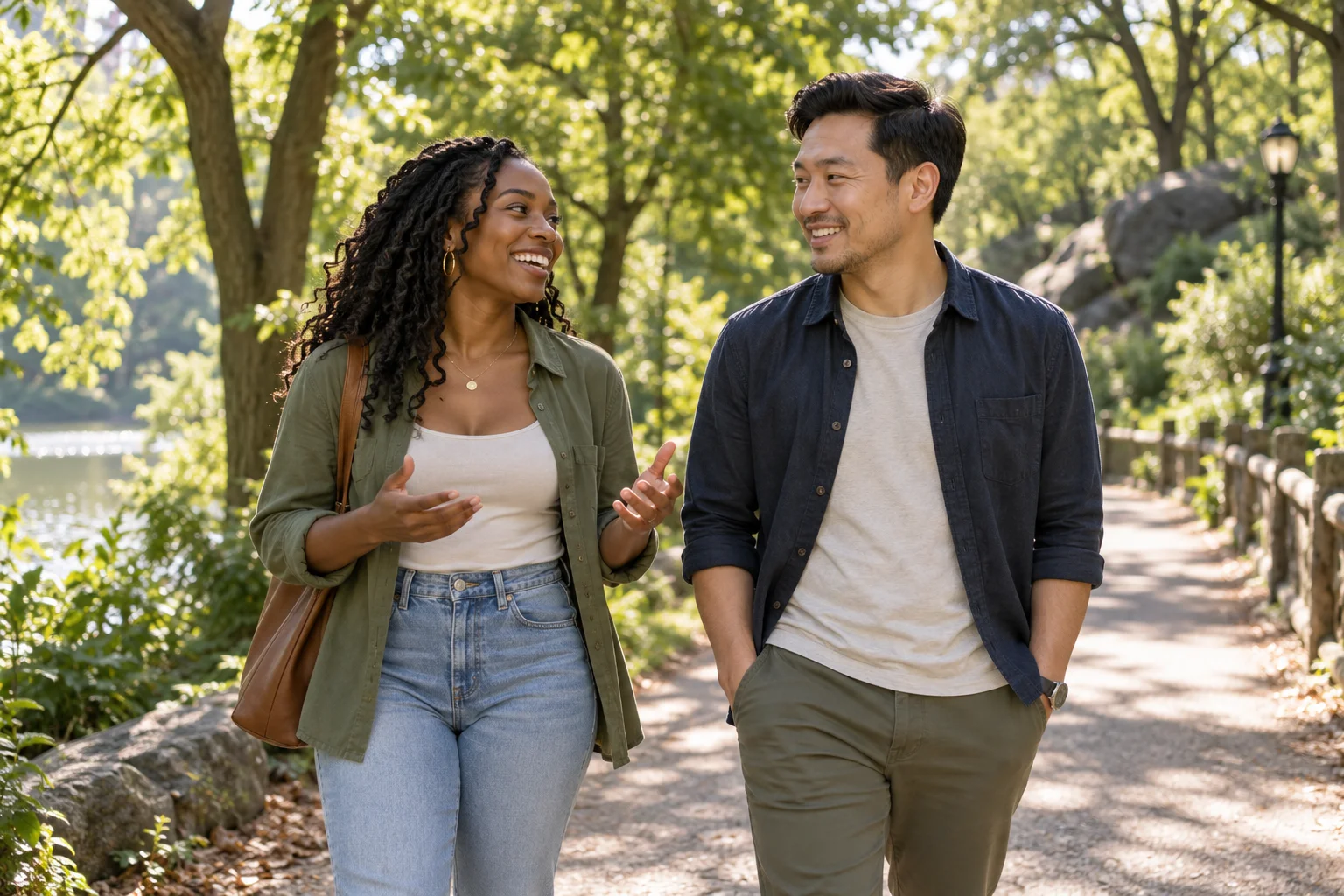 Illustrative photograph of two adults enjoying a conversation in a leafy park