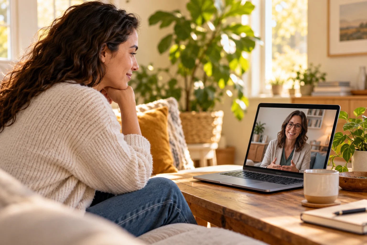 Illustrative photograph of an adult speaking with a clinician through a laptop
