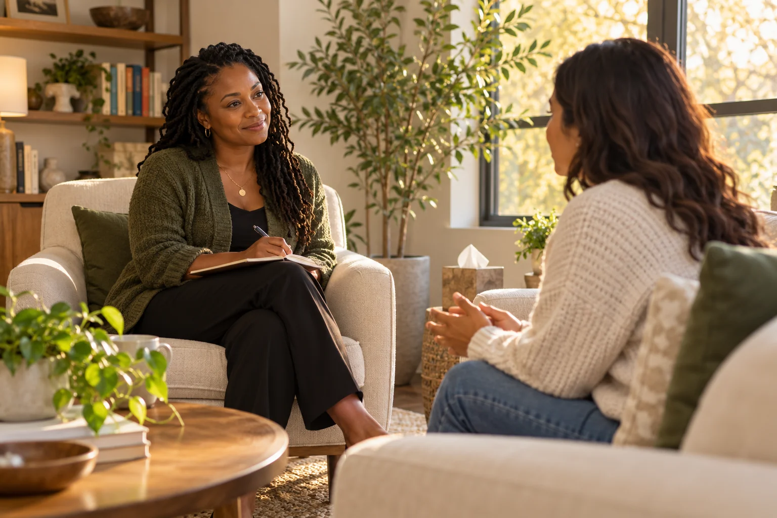 Illustrative scene of a supportive conversation in a sunlit therapy office